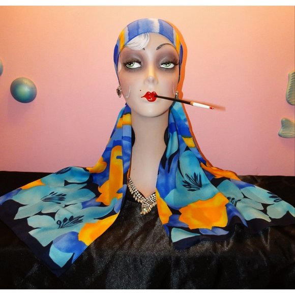 Vintage Blue & Yellow Long Floral Scarf made in Italy boho head wrap neck scarve - Picture 14 of 14